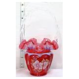 Fenton cranberry opalescent open heart arch basket
