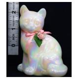Fenton white iridescent cat w/ pink ribbon