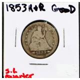 1853 arrows and rays seated liberty quarter