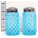 Pair blue opalescent hobnail salt/pepper shakers