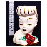 Vntg 3in lady head vase w/ red rose