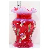 Fenton cranberry opalescent signed Messenger vase