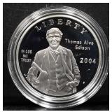 2004 Thomas Edison silver dollar proof coin in box
