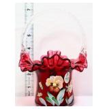 Fenton cranberry pansy basket w/ clear handle