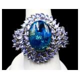 Sterling oval cut blue opal ring, lab created