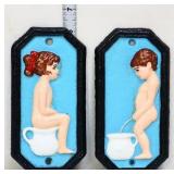 Pair cast iron boy/girl bathroom plaques