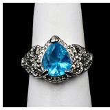 Pear cut blue topaz ring, lab created