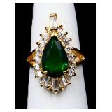 Pear cut emerald ring, lab created