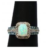 Emerald cut fire opal ring, lab created