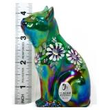 Fenton green carnival cat w/ white flowers