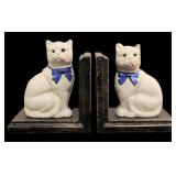 Pair cast iron white cat bookends