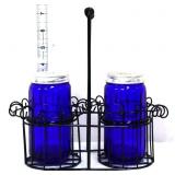 Pair cobalt salt/pepper shakers in wire caddy