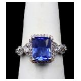 Emerald cut tanzanite ring, lab created