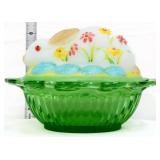 Fenton white bunny on green basket