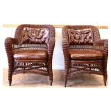 Pair wicker armchairs w/ tufted cushion back