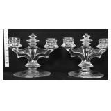 Pair Tiffin clear etched glass candleholders