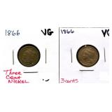 Lot of 2 1866 3 cent nickels