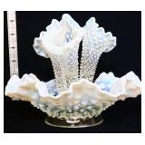 Fenton white opalescent hobnail 3 horn epergne