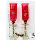Pair vntg cranberry shade lamps w/ prisms