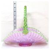Fenton iridescent pink basket w/ green handle