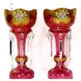 Pair vntg bohemian ruby mantle lustres w/ prisms
