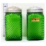 Pair vintage green glass salt/pepper shakers
