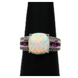 Sterling square cut fire opal ring, lab created