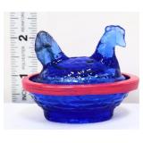 Miniature cobalt hen on nest w/ pink edge