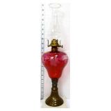Vintage oil lamp w/ cranberry etched base