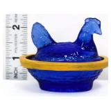 Miniature cobalt hen on nest w/ yellow edge