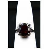 Sterling square cut garnet ring, lab created
