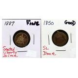 Lot of 2 1800s seated liberty dimes