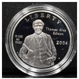 2004 Thomas Edison silver dollar proof coin in box