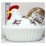 Westmoreland iridescent milk glass hen on nest