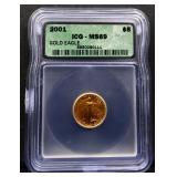 Graded MS69 2001 1/10 ounce gold coin