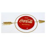 Vtg 37.5x16 arrow Coca Cola sign w/ 12in button