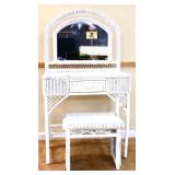 White wicker vanity w/ mirror & bench
