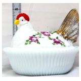 Milk glass hen on nest w/ roses