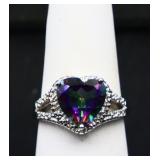 Sterling heart rainbow topaz ring, lab created