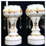 Pair vintage white mantle lustres w/ glass prisms