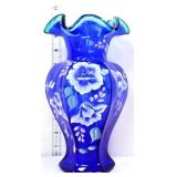 Fenton 10in spruce green crest cobalt vase