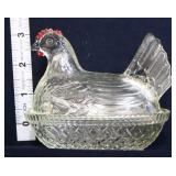 Vintage clear glass hen on nest w/ red comb