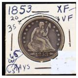1853 arrow date seated liberty quarter