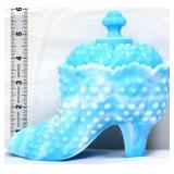 Fenton blue/white slag hobnail shoe covered candy