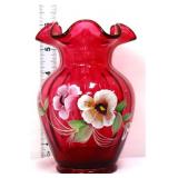 Fenton 6in cranberry panel vase w/ flowers