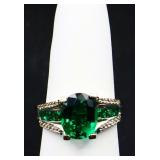Sterling oval cut emerald ring, lab created