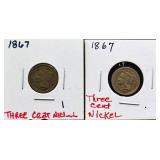 Lot of 2 1867 3 cent nickels