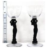 Pair 1930s Cambridge black stem nude stemware