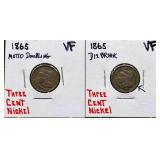 Lot of 2 1865 3 cent nickels