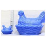 Lot of 2 blue milk glass mother/mini hens on nest